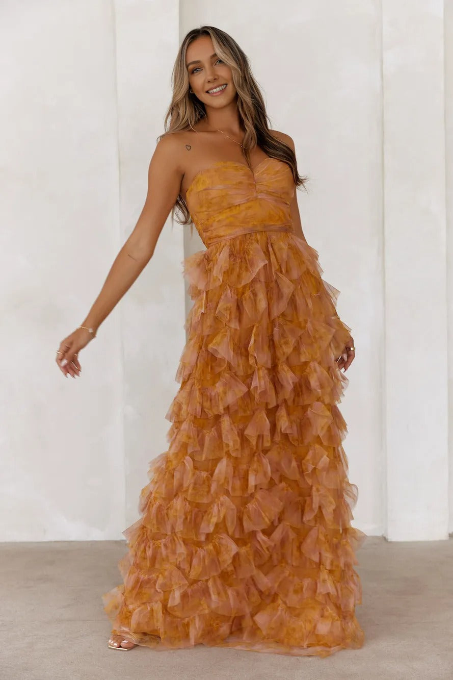Festival Of You Strapless Tulle Maxi Dress Brown